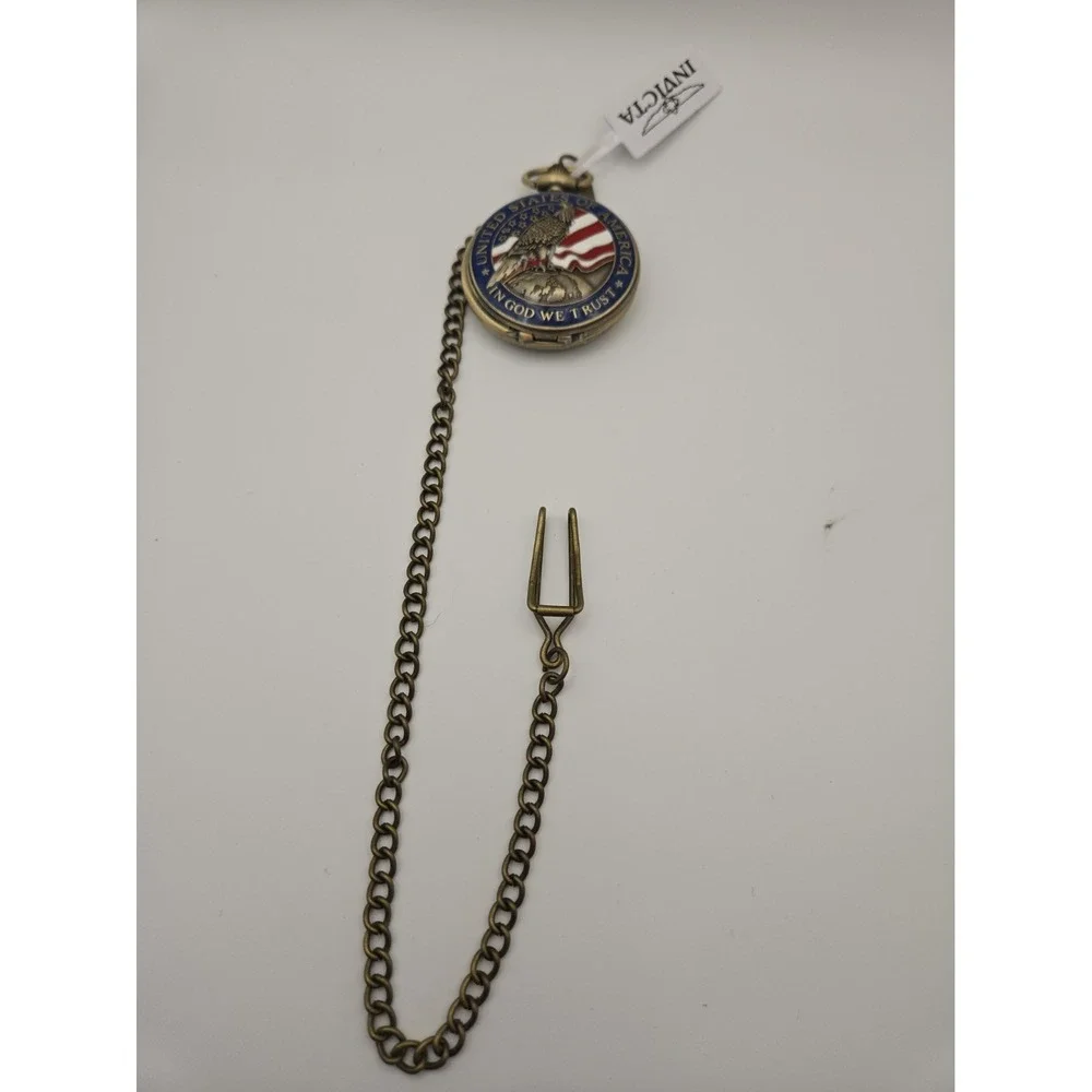 NIB Invicta 49008 Goldtone Pocket Watch  W/ USA, American Eagle,Flag Stars,Chain